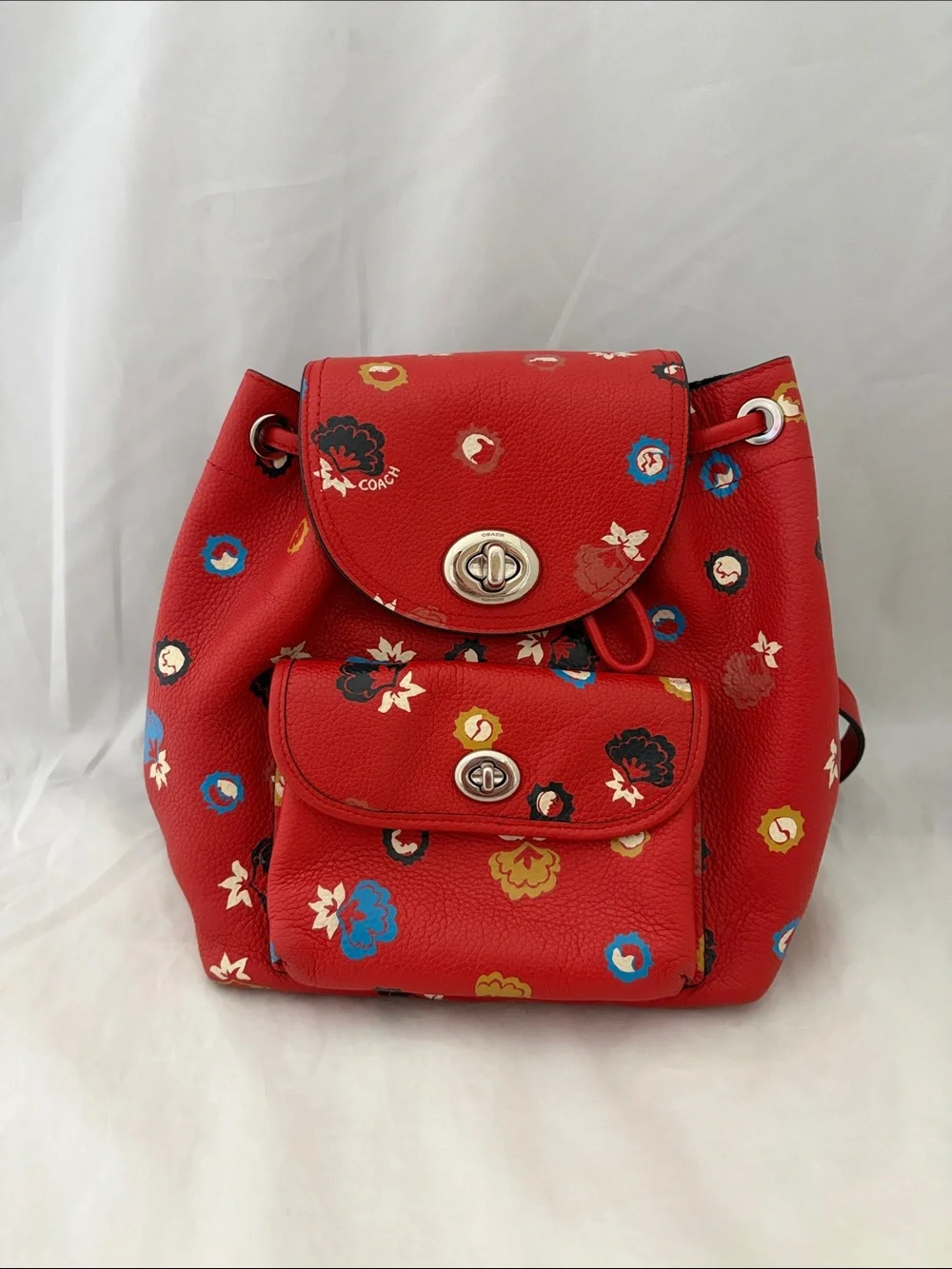 Coach Red Floral Pebbled Leather Mini Backpack